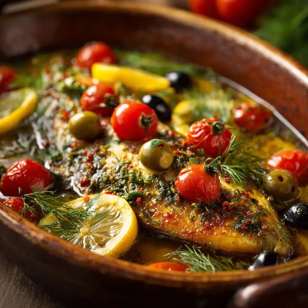 Golden Mediterranean baked fish fillet with cherry tomatoes, capers, olives and lemon slices in rustic ceramic baking dish