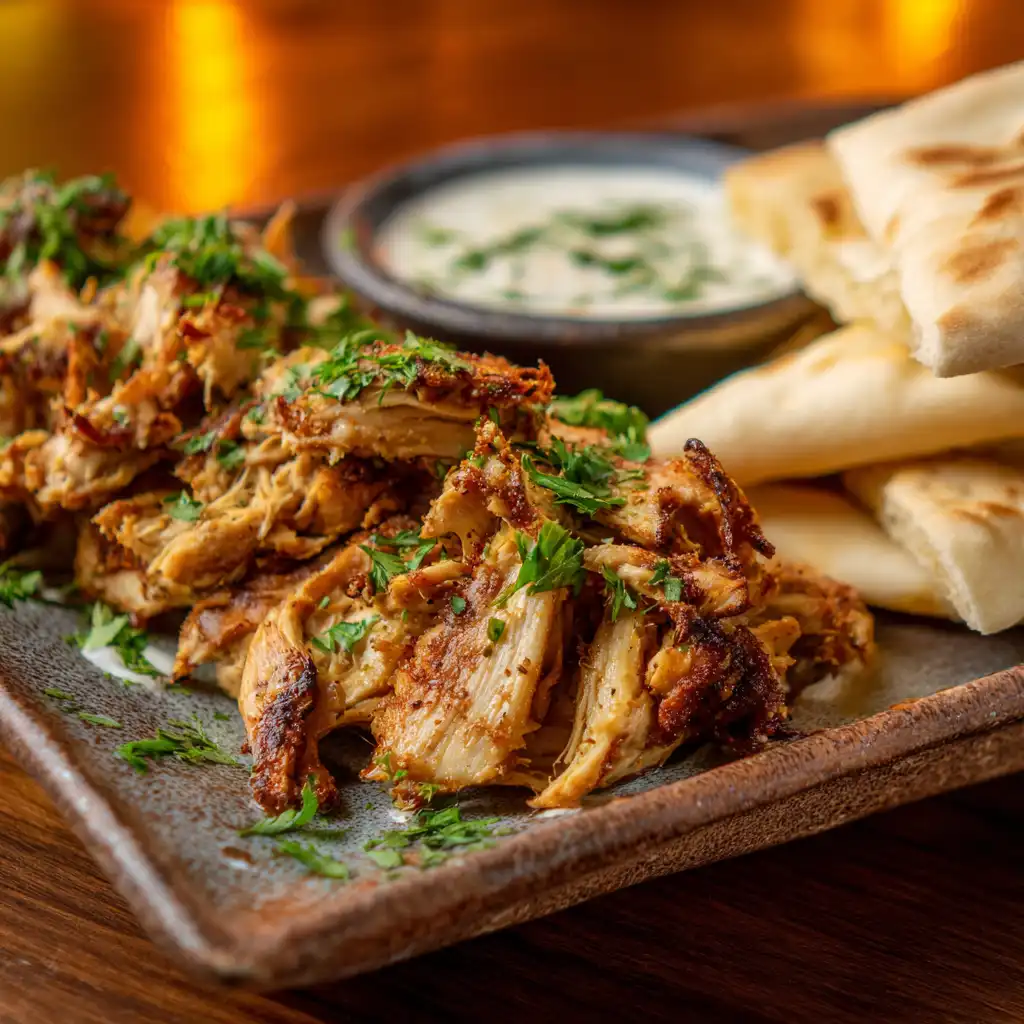 Juicy Mediterranean chicken shawarma with garlic sauce and fresh parsley in a rustic ceramic plate