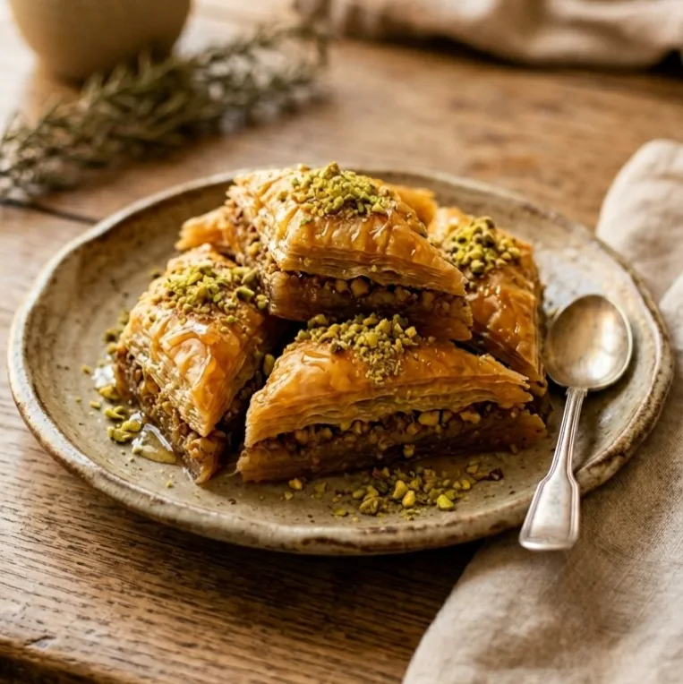 Golden Mediterranean baklava with honey drizzle and crushed pistachios on rustic plate