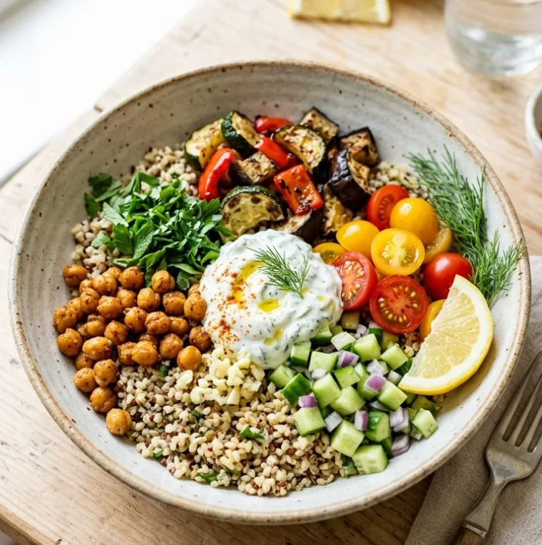 Mediterranean grain bowl with fluffy quinoa, roasted vegetables, cherry tomatoes, cucumber, fresh herbs and tzatziki