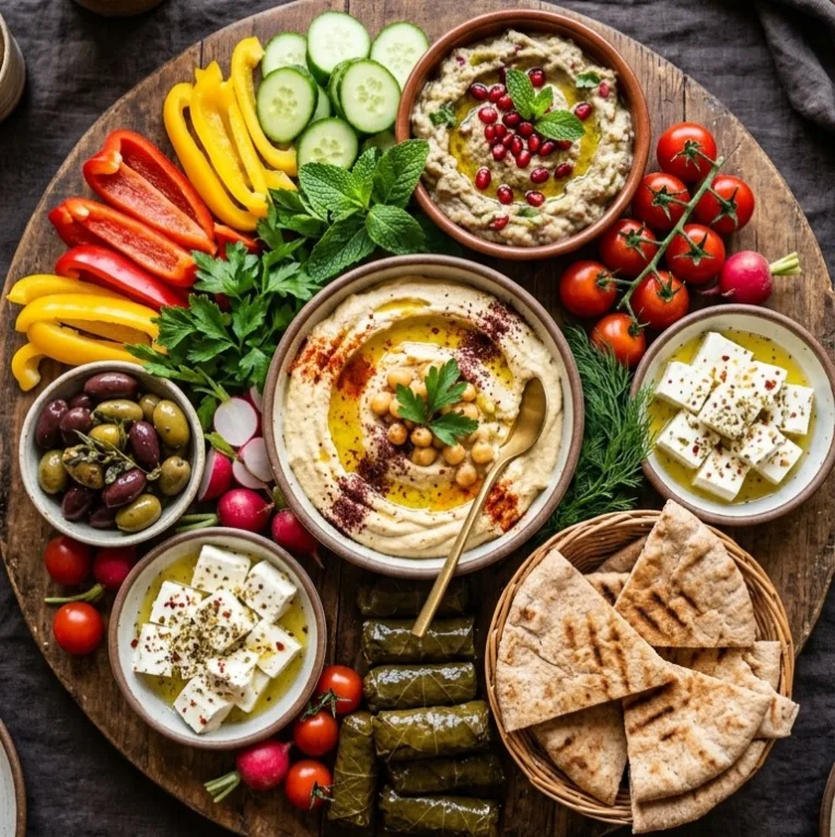 Mediterranean mezze appetizers with creamy hummus, warm olives and golden pita bread centered for round display