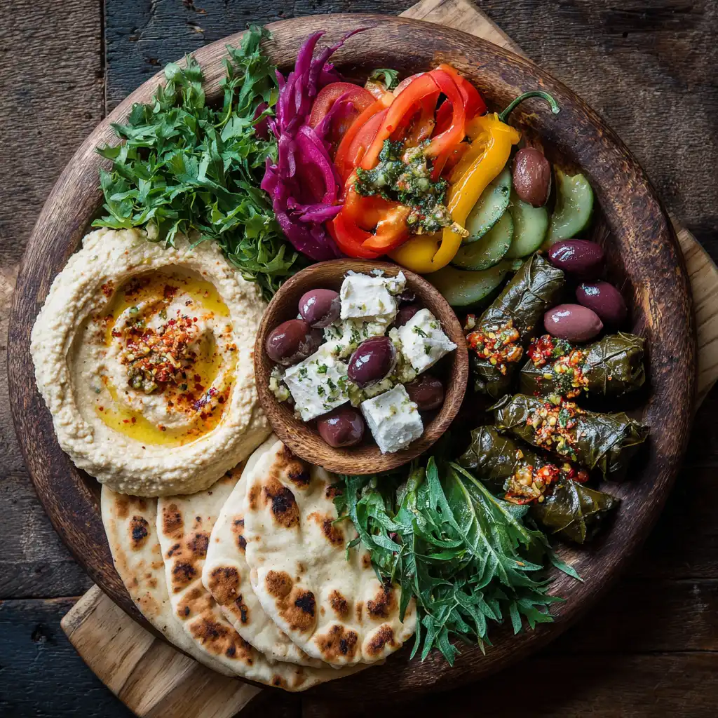 Mediterranean mezze platter with hummus, baba ganoush, stuffed grape leaves, feta cheese, olives and warm pita bread on rustic wooden board