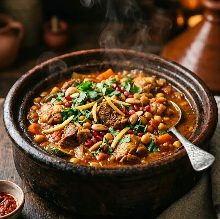 Rich Mediterranean one pot lamb and chickpea stew with warming spices, preserved lemon and fresh cilantro in ceramic pot