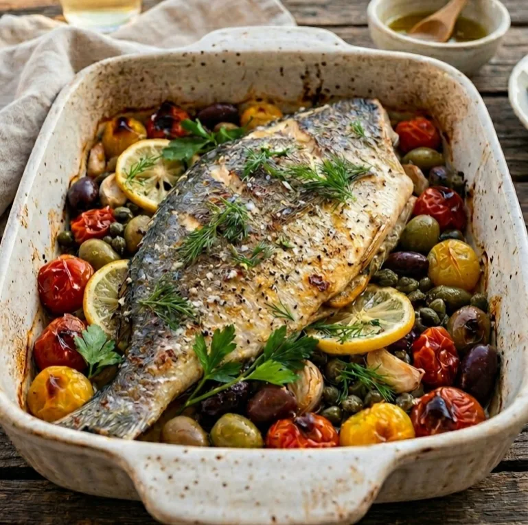 Mediterranean grilled seafood with fresh herbs, lemon and olive oil centered in rustic ceramic dish