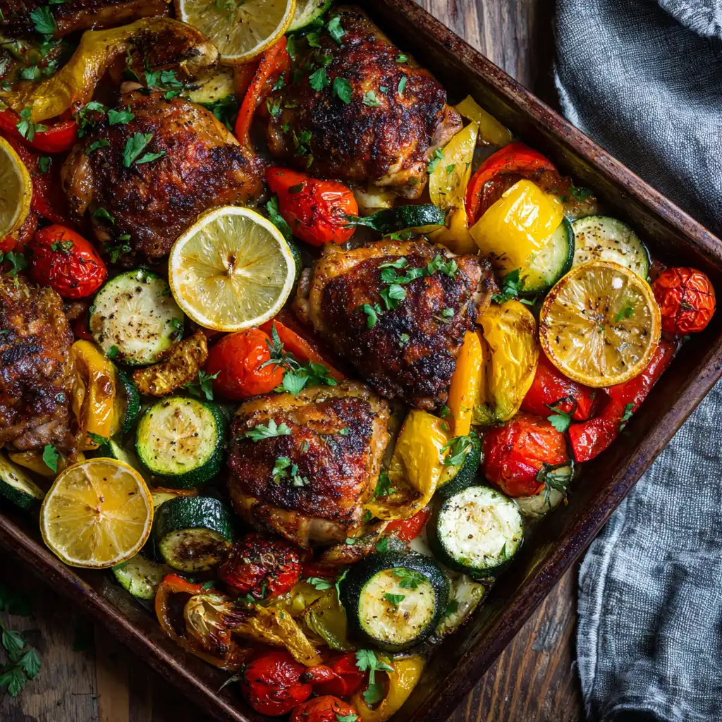 Mediterranean sheet pan dinner with golden roasted chicken thighs, cherry tomatoes, zucchini and lemon slices