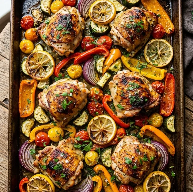 Mediterranean sheet pan roasted chicken with fresh herbs, lemon and colorful vegetables perfectly caramelized