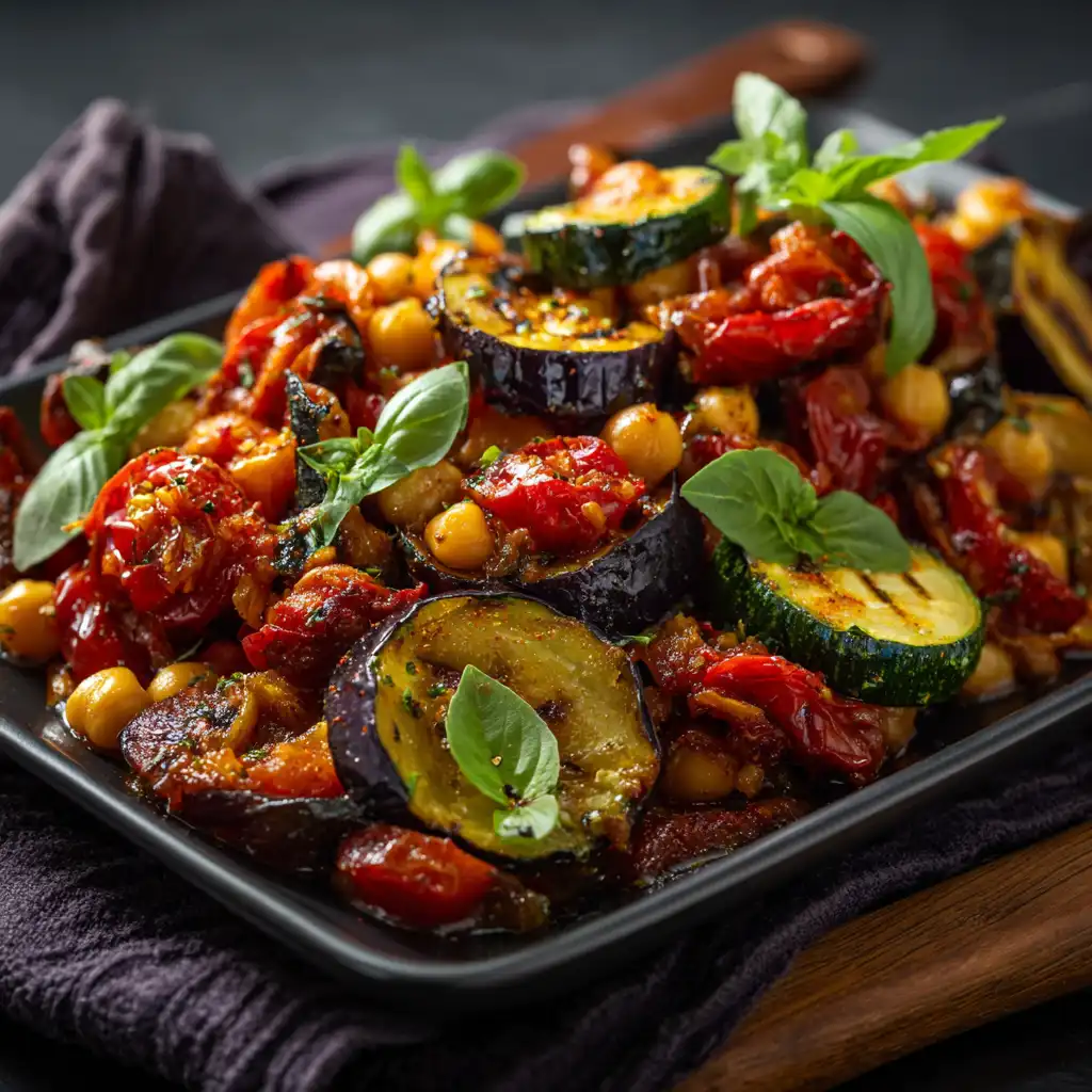 Colorful Mediterranean vegetarian dish with roasted eggplant, zucchini, tomatoes and chickpeas in rich tomato sauce