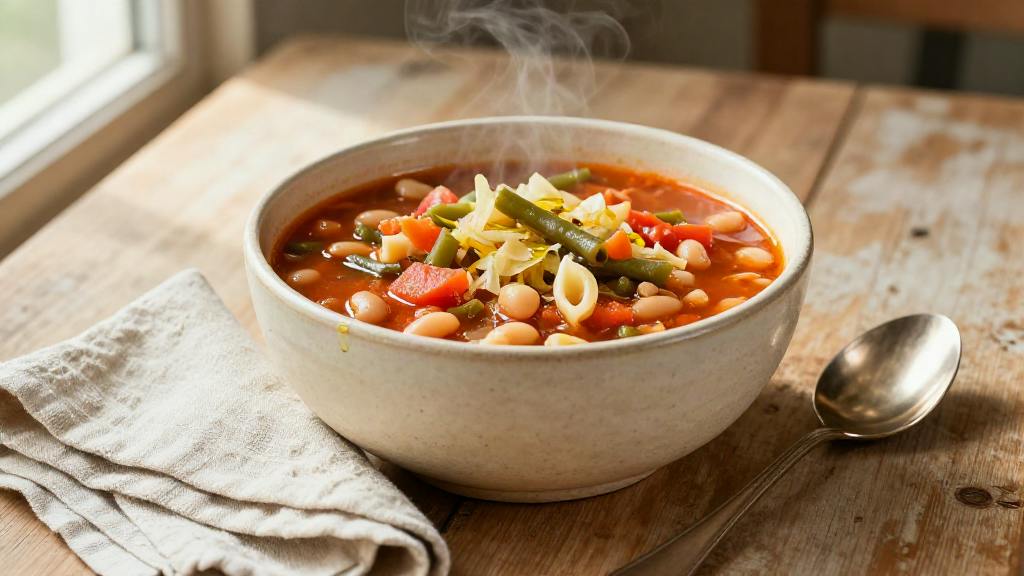 Mediterranean vegetable minestrone in a rustic cream bowl, finished with a drizzle of olive oil