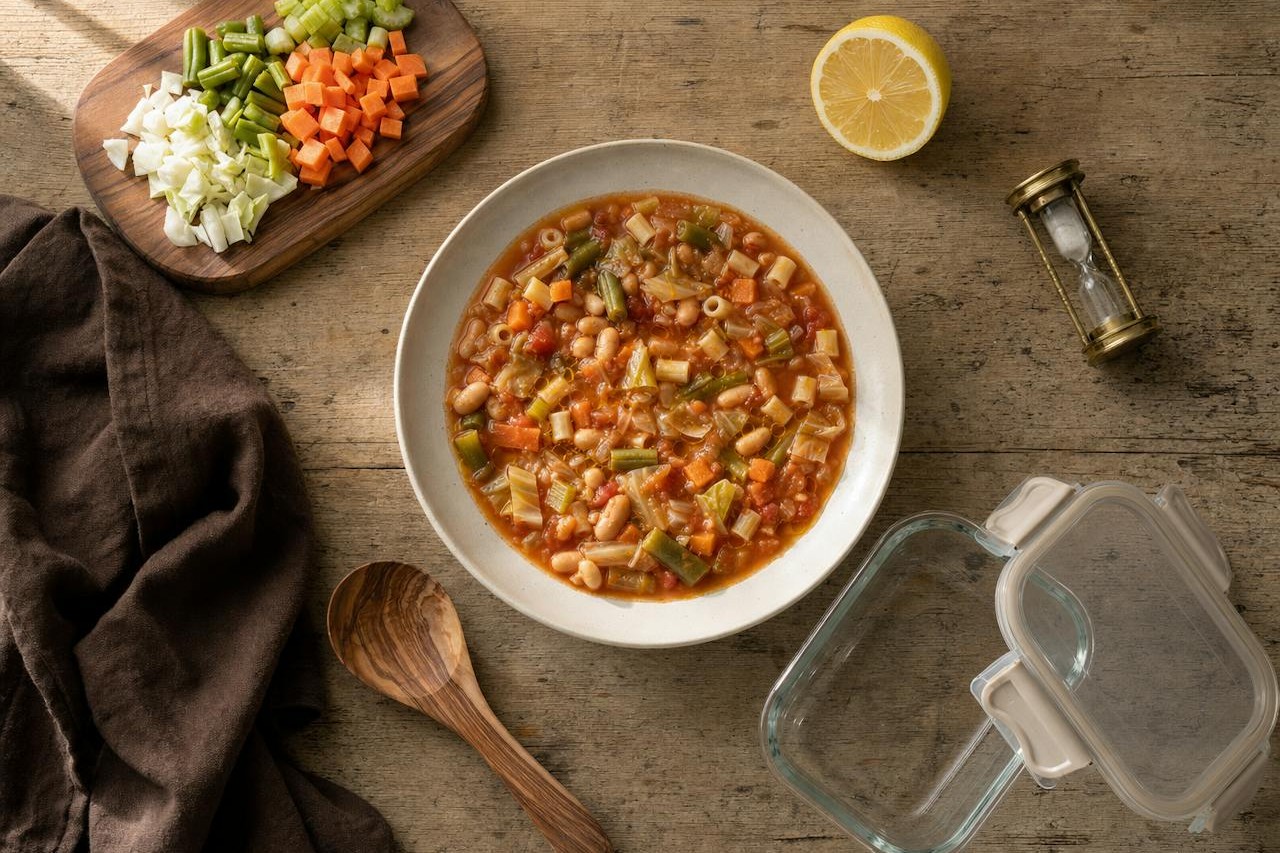 A bowl of Mediterranean vegetable minestrone surrounded by diced vegetables, a spoon, a lemon, an hourglass timer and a storage container