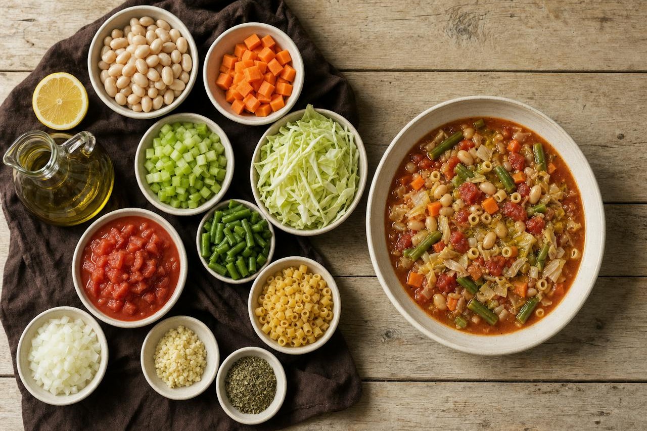 The prepared ingredients for Mediterranean vegetable minestrone beside the finished bowl
