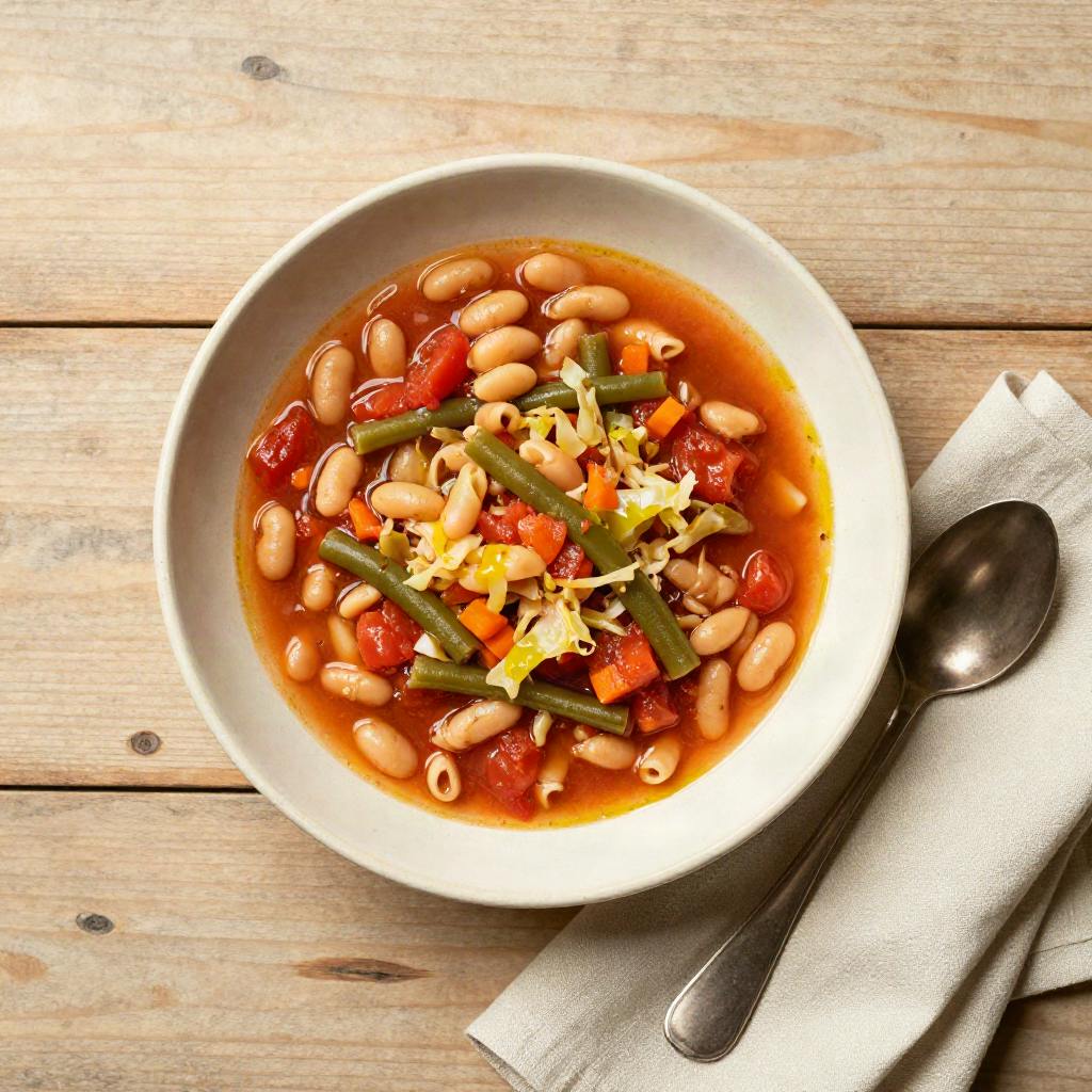 Overhead view of Mediterranean vegetable minestrone in a cream ceramic bowl, ready to serve