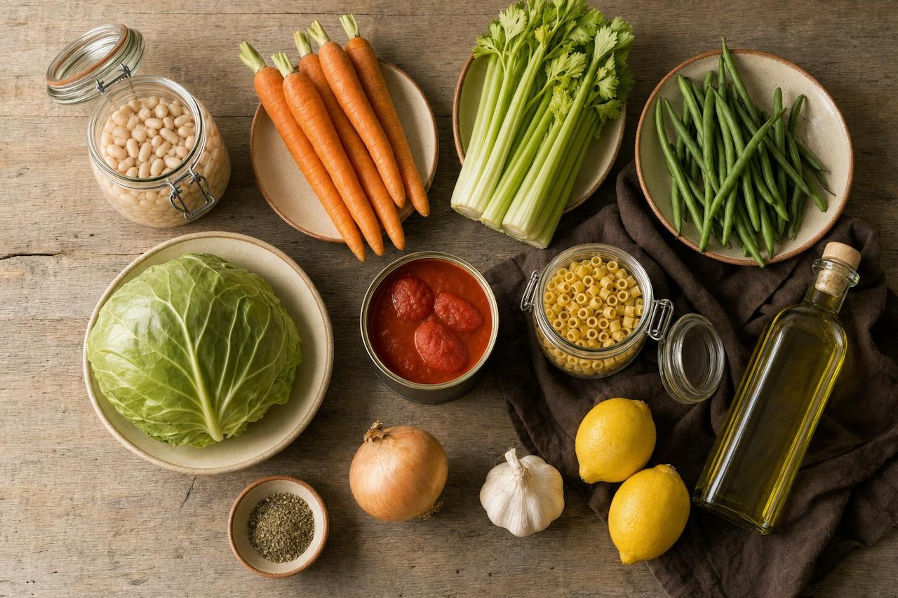 Whole groceries for Mediterranean vegetable minestrone laid out on a wooden table