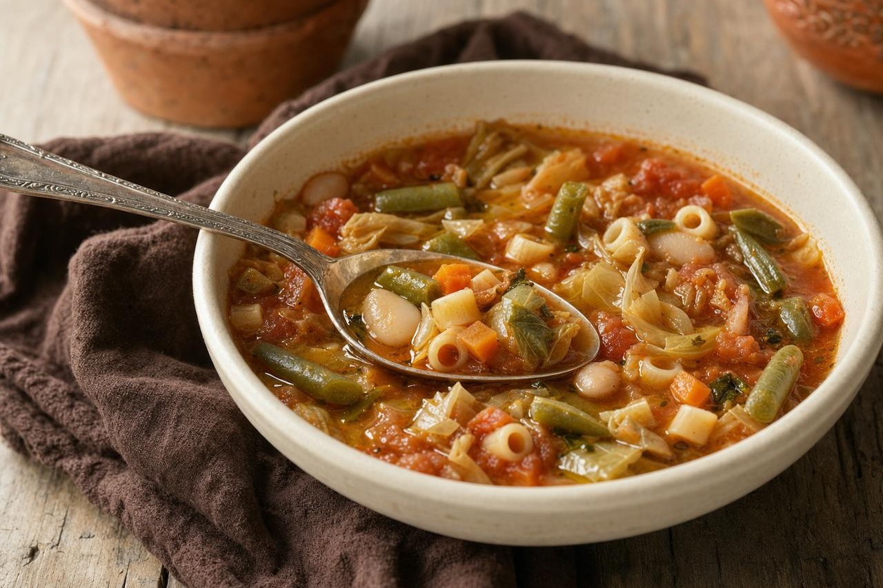 Close-up of a spoonful of Mediterranean vegetable minestrone, showing the texture of each ingredient
