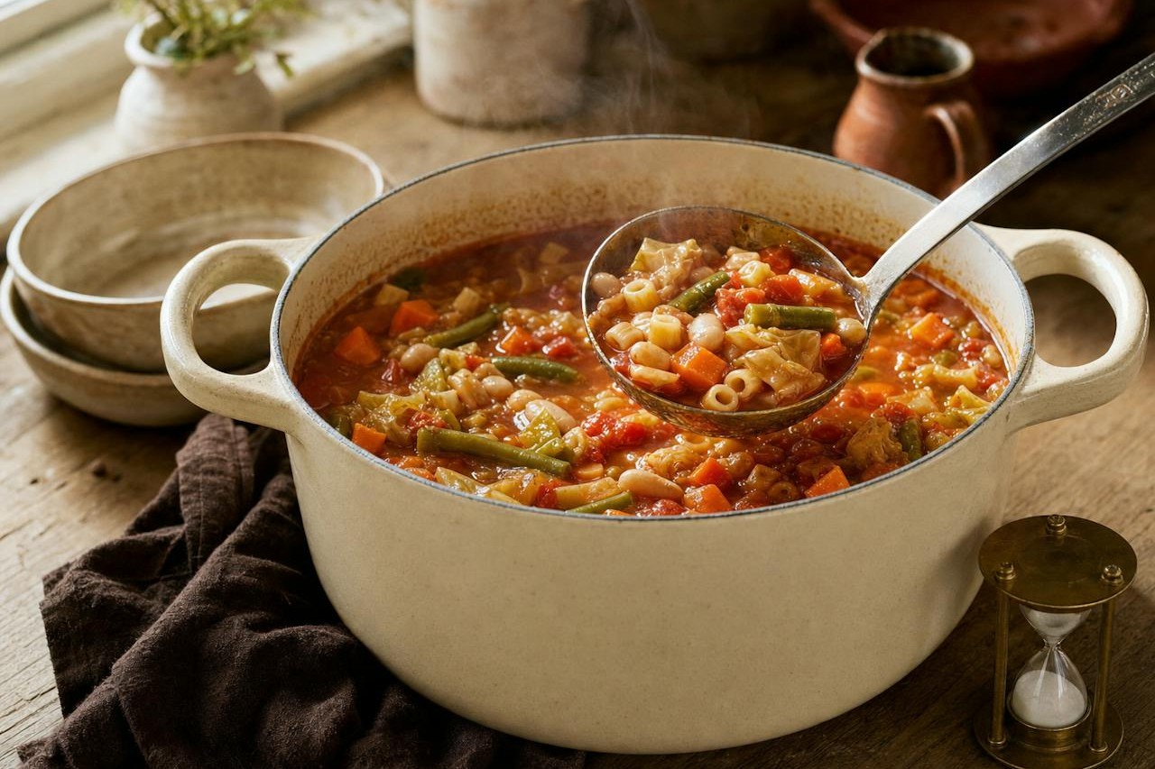 A ladle lifting Mediterranean vegetable minestrone from the pot to check its texture, with an hourglass timer beside it