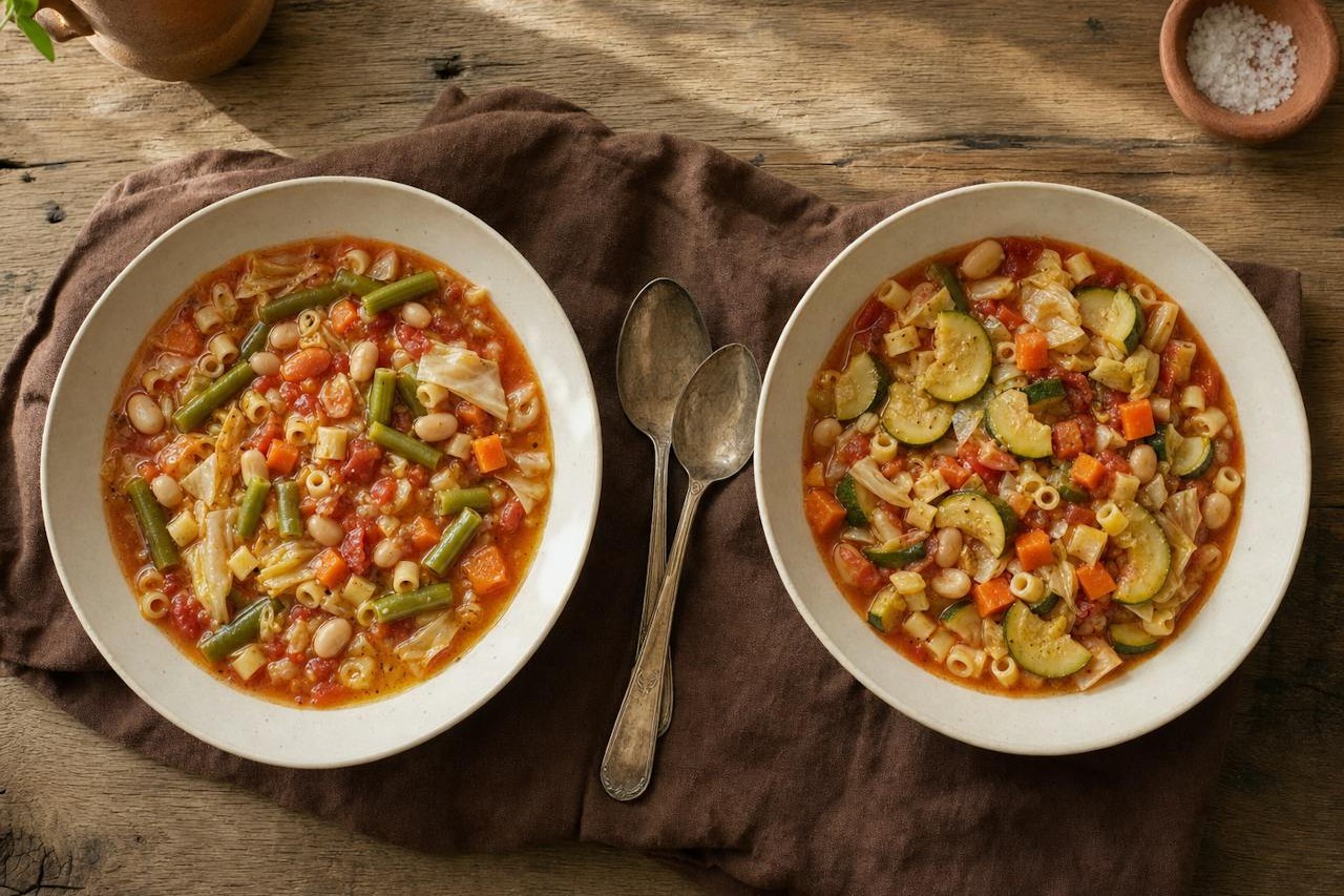 Two bowls side by side: the base Mediterranean vegetable minestrone and a variation