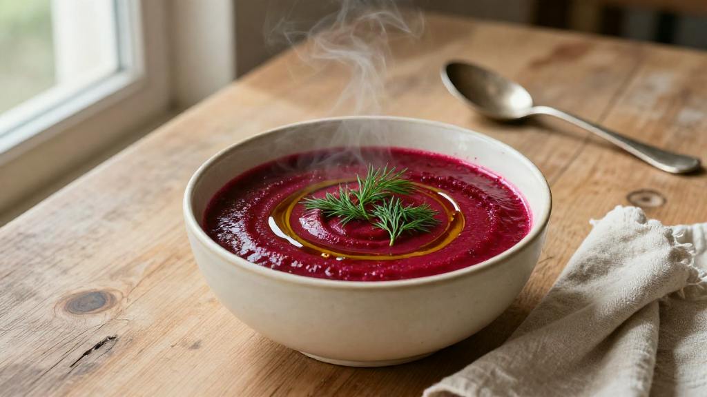 Roasted beet soup with dill in a rustic cream bowl, finished with fresh dill sprigs and a thin drizzle of olive oil