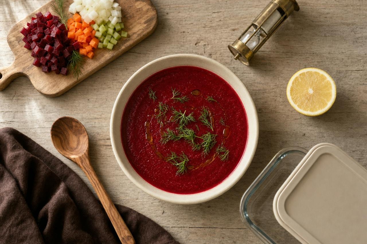 A bowl of roasted beet soup with dill surrounded by diced vegetables, a spoon, a lemon, an hourglass timer and a storage container