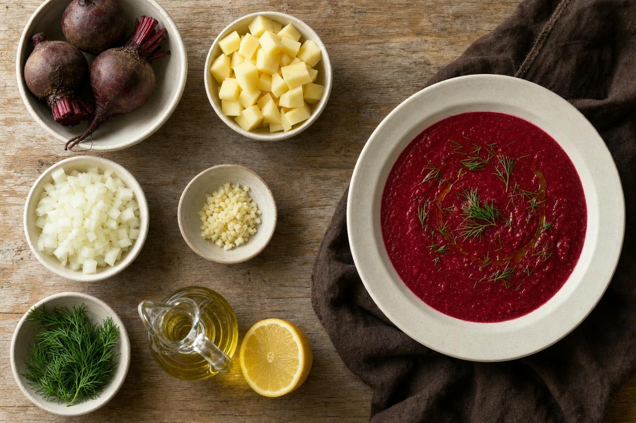 The prepared ingredients for roasted beet soup with dill beside the finished bowl