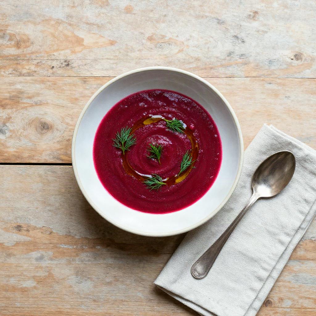 Overhead view of roasted beet soup with dill in a cream ceramic bowl, ready to serve