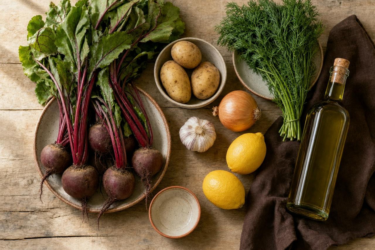 Whole groceries for roasted beet soup with dill laid out on a wooden table