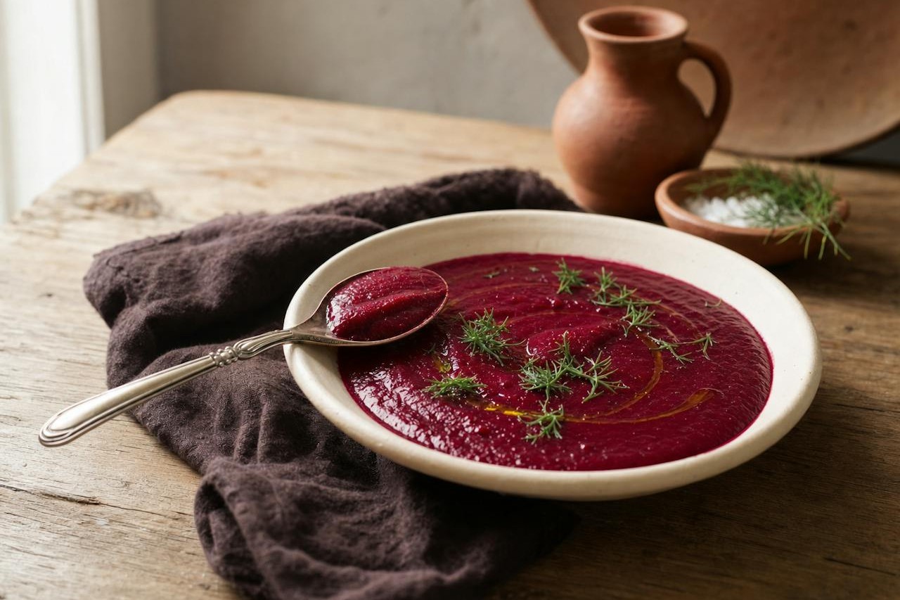 Close-up of a spoon coated in velvety roasted beet soup with dill
