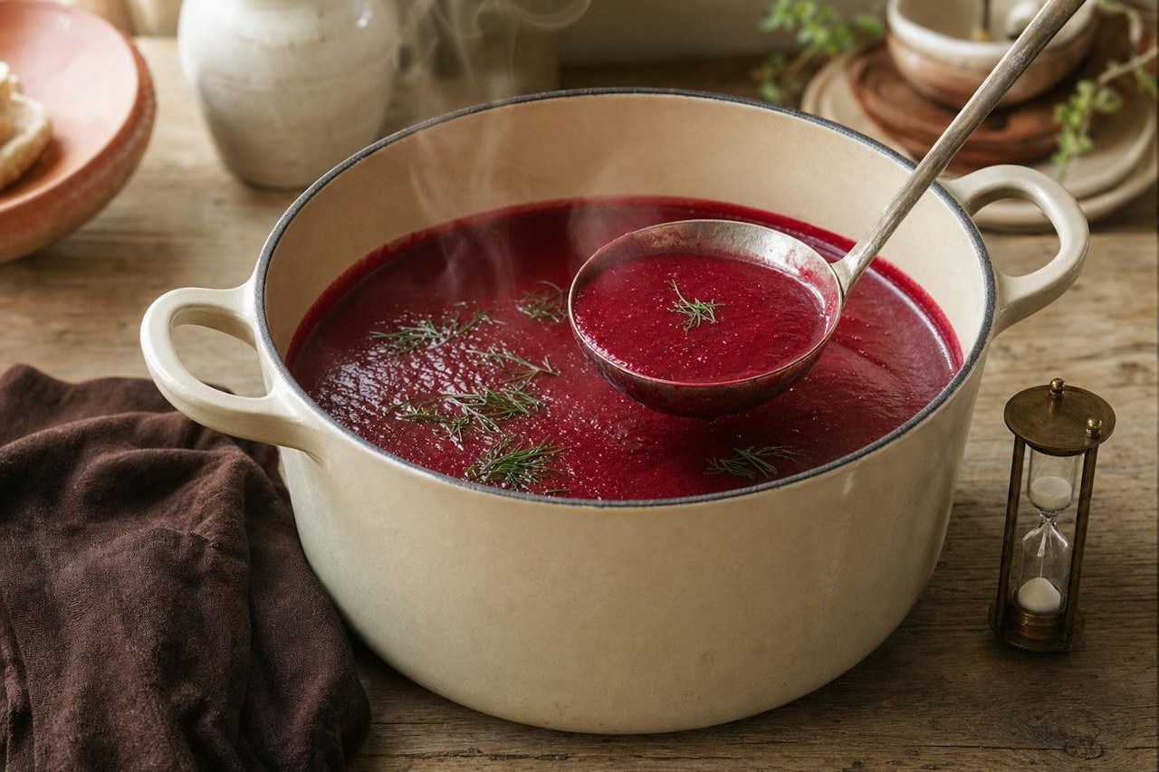 A ladle lifting roasted beet soup with dill from the pot to check its texture, with an hourglass timer beside it