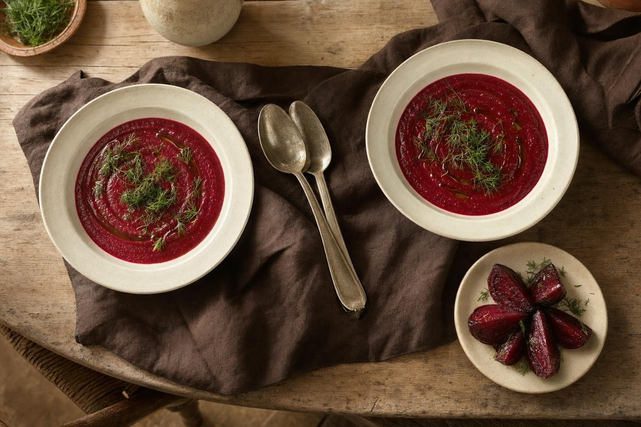 Two bowls side by side: the base roasted beet soup with dill and a variation