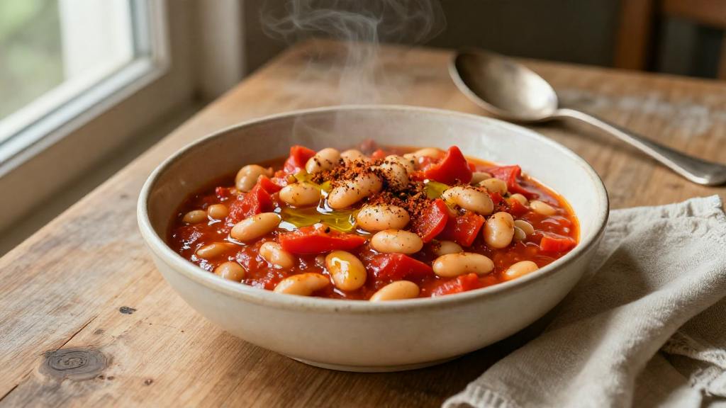 Smoky paprika butter bean stew in a rustic cream bowl, finished with a drizzle of olive oil and a dusting of smoked paprika