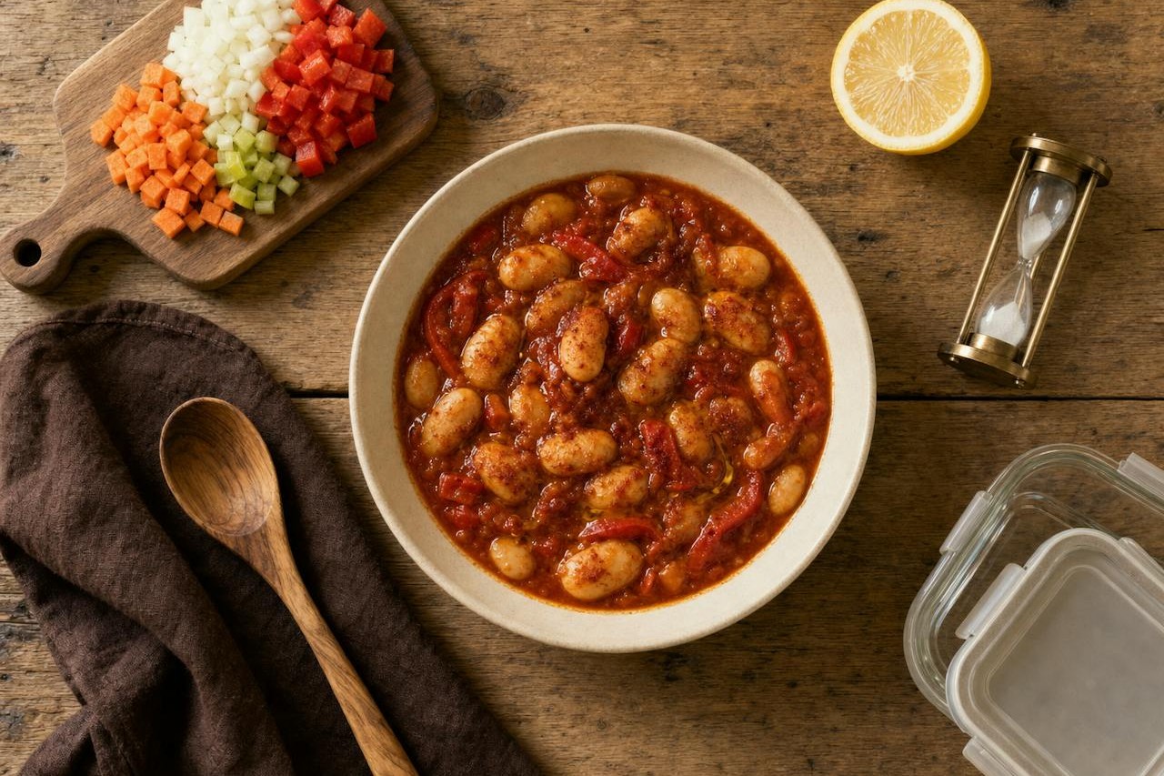 A bowl of smoky paprika butter bean stew surrounded by diced vegetables, a spoon, a lemon, an hourglass timer and a storage container