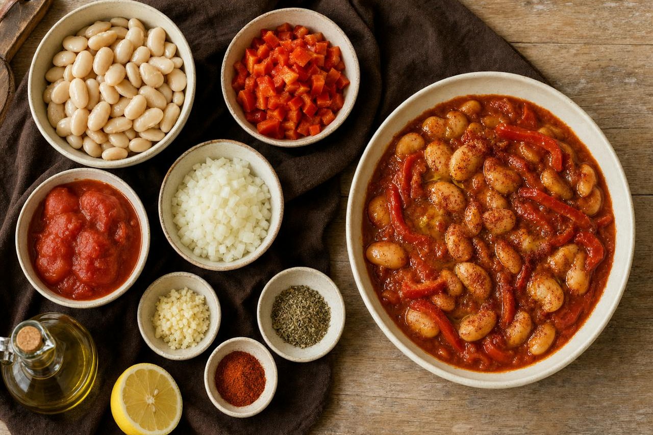 The prepared ingredients for smoky paprika butter bean stew beside the finished bowl