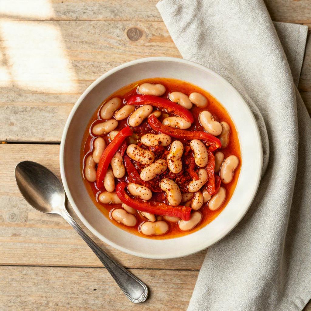 Overhead view of smoky paprika butter bean stew in a cream ceramic bowl, ready to serve