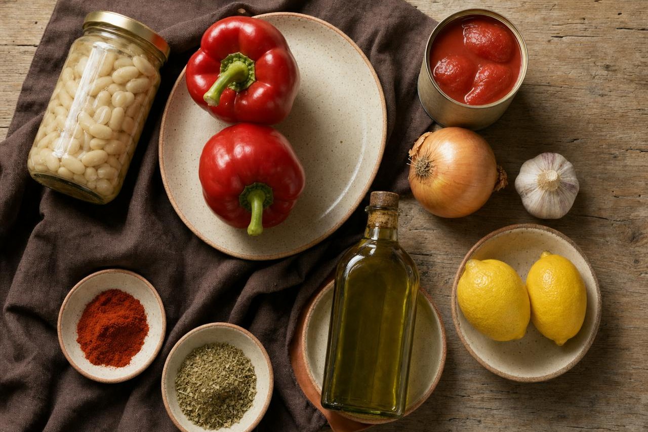 Whole groceries for smoky paprika butter bean stew laid out on a wooden table