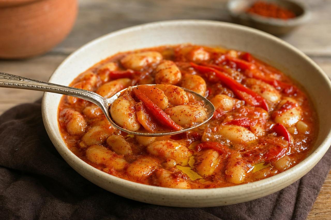 Close-up of a spoonful of smoky paprika butter bean stew, showing the texture of each ingredient