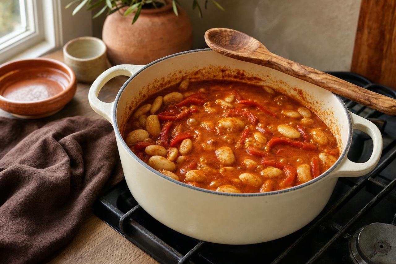 Smoky paprika butter bean stew simmering in a cream enameled pot, ready for a texture check