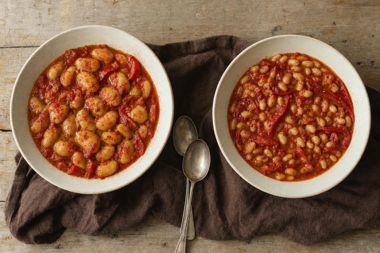 Two bowls side by side: the base smoky paprika butter bean stew and a variation
